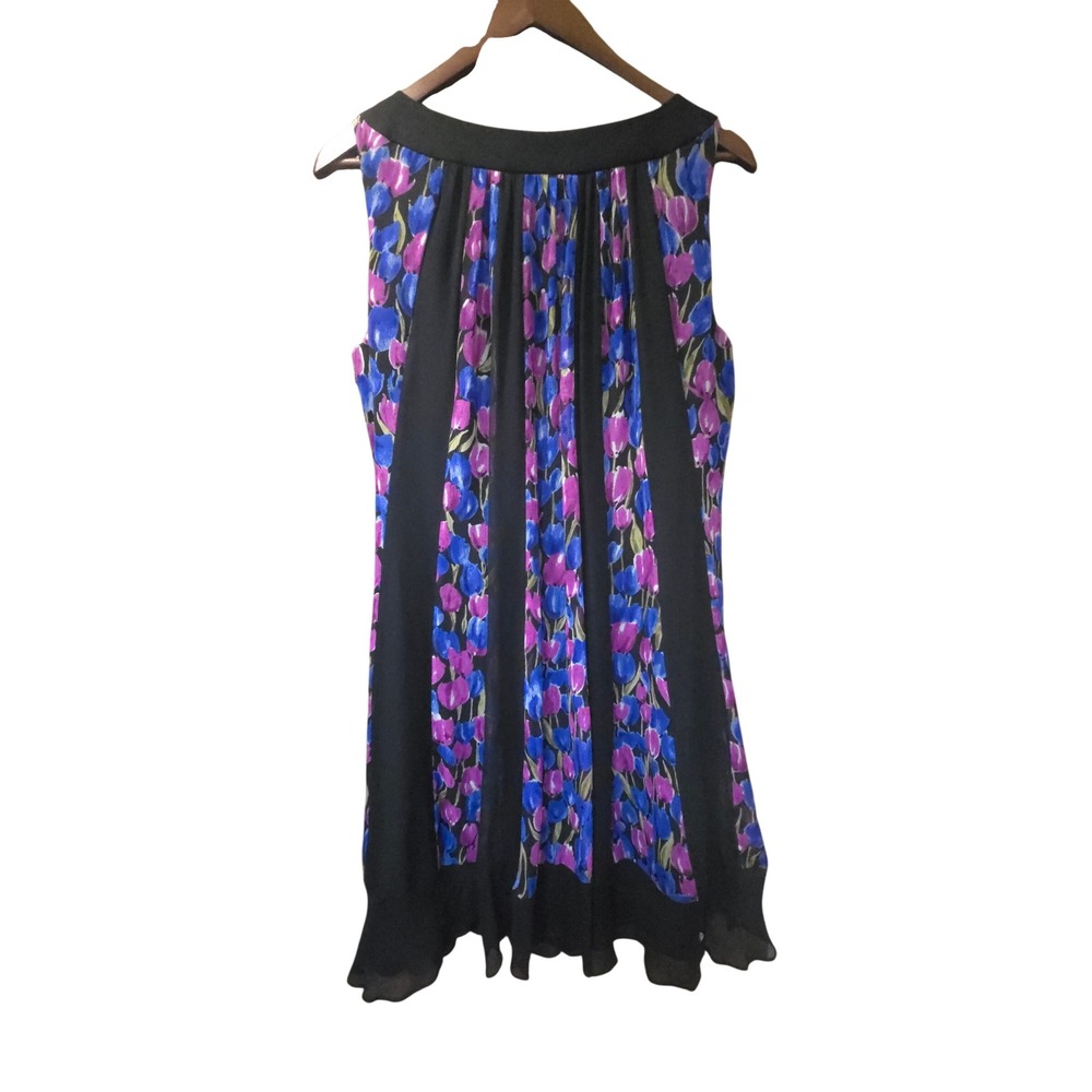 Laura Ashley Vintage Silk Floral Tulip Dress Black Purple Blue Sleeveless Size 8 - Picture 3 of 8